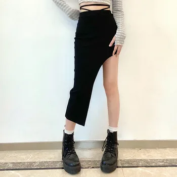 SUCHCUTE Gotikos Kieto Juoda Šalis Ilgas Sijonas Moterims Sexy Nėrinių Streetwear Asimetriškas Briaunoti Sijonai 2021 Naujas Mados