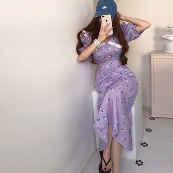 Korėjos Kawaii Peter Pan Apykaklės Vasaros Suknelė vientisas Elegantiška Violetinė Pledas Saldus Lolita Ilga Suknelė Lieknėjimą Juosmens Moterų Suknelė