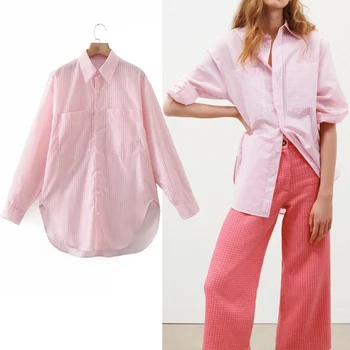 NWOMN Za 2021 M. Moteris, Palaidinės, Rožinė Dryžuota Negabaritinių Marškinėliai Kišenės Mygtuką Iki Ilgi Marškinėliai Moterims Asimetriškas Hem ilgomis Rankovėmis Viršų