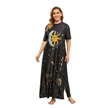2052-1 Didelio Dydžio Moterų Namų Maxi Dress Ilga, Riebalų 100KG Juoda Grafiti Sun Moon Moterų Nightclothes Miego Dėvėti Nightgrowns