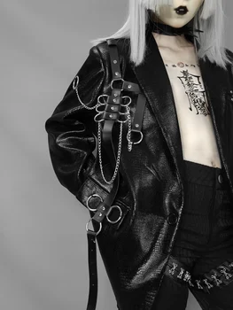 Punk Moterų Tamsiai Dirbtiniais Krokodilo Odos Striukė Sunkiosios Pramonės PU Odos diržas Metalo Pleistras Švarkas Gothic Black Rudens ir Žiemos Paltai