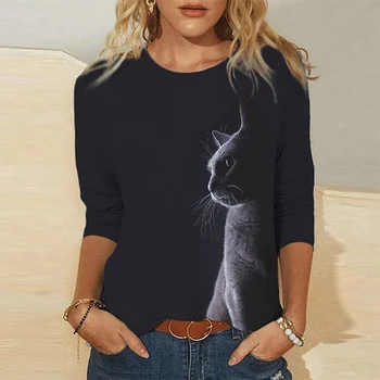 Moterų Drabužių Pavasario Vasaros Laisvalaikio moteriški Drabužiai Juokinga Cute Kačių 3D Print Long Sleeve T-Shirts Moterų Ponios Mados Viršūnes