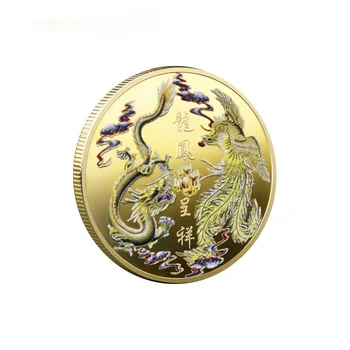 Tradicinės Kinų Kultūros Laimingas Atnešė Drakonas ir Feniksas Nudažyti Aukso Sidabro Moneta Simbolizuoja Laimę