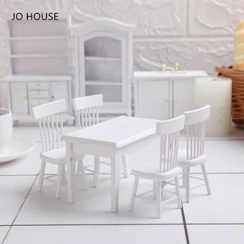 JO NAMAS Miniatiūros Medinis Baltos spalvos Modeliavimo Valgomojo Stalas, Kėdės, 1:12 Lėlių namelio Baldai Žaislas