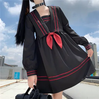 Japonijos JK Vienodas Kolegija Stiliaus Tamsiai Retro Sailor Apykakle ilgomis Rankovėmis Studentų Suknelė 020 kawaii drabužių saldus lolita dress