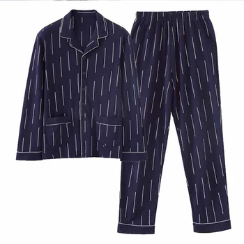Dryžuotas Medvilnės vyriški ilgomis Rankovėmis Pižamos Komplektas Pavasario išjunk Mėlyna Vyrų naktiniai drabužiai Kelnės Pajama Komplektai 2021 korėjos Sleepwear Kostiumai