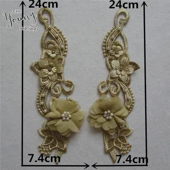 Nėrinių audinio 3D gėlių ABS perlas Siuvinėjimas Nėrinių apykaklę Siuvimo Nėrinių ir aplikacijų Programą Suknelės, Priedai pora pardavimas