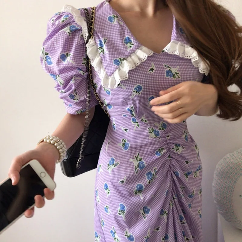 Korėjos Kawaii Peter Pan Apykaklės Vasaros Suknelė vientisas Elegantiška Violetinė Pledas Saldus Lolita Ilga Suknelė Lieknėjimą Juosmens Moterų Suknelė