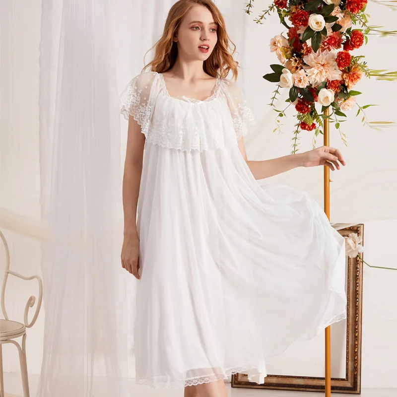 Moterų Nightdress Balti trumpomis Rankovėmis Vasarą Pižamą Naujas Nėrinių Dekoratyvinis Princesė Sleepwear Seksualus, Saldus Pamergės Suknelė